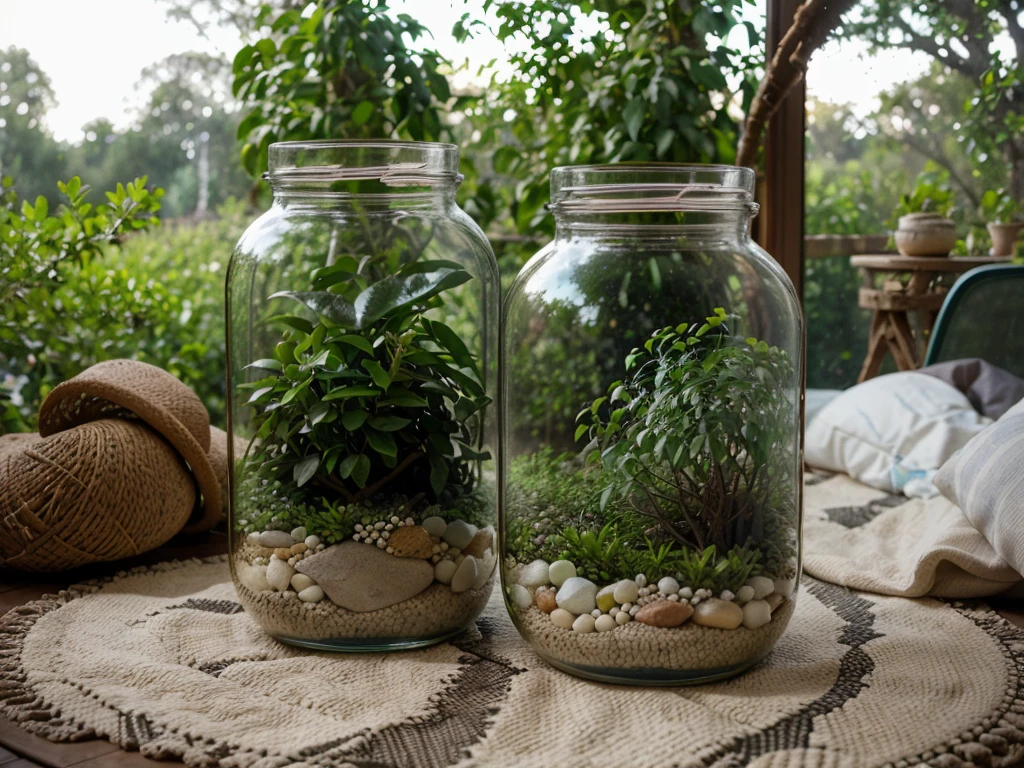 View from inside a glass jar showing a backyard with lots of vegetation in the background.