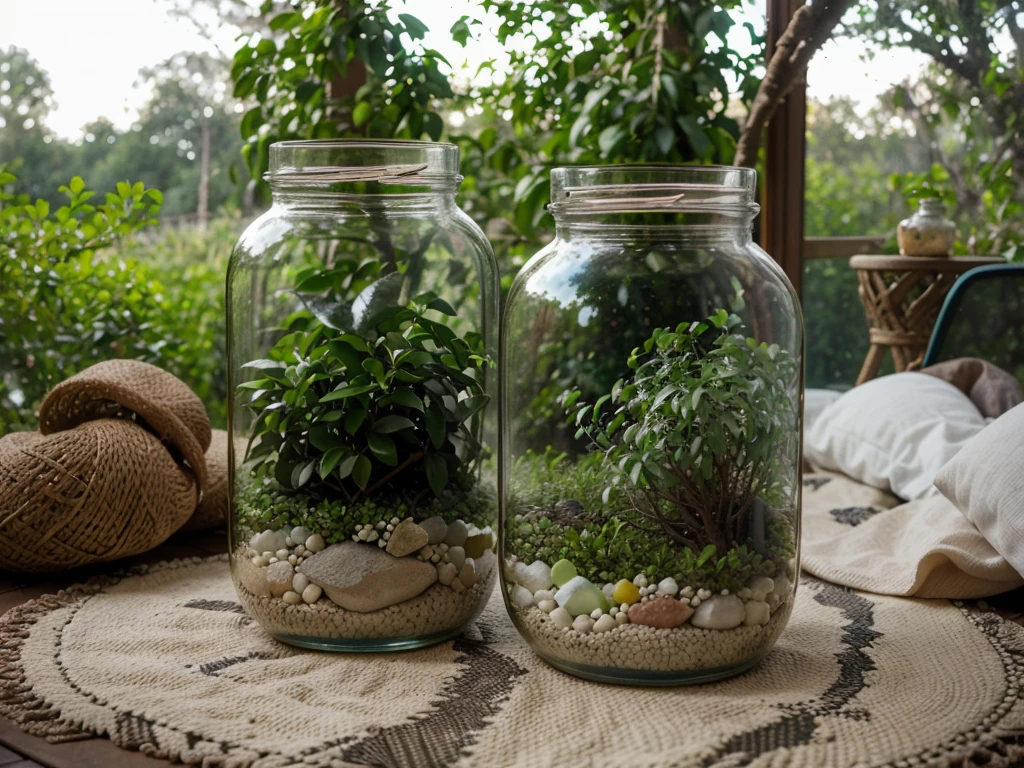 View from inside a glass jar showing a backyard with lots of vegetation in the background.