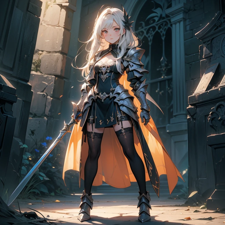 (((masterpiece, best quality, high detailed, 8k))) Design a layout showcase Gaming character, (1girl). Black|Gold clothes, stylish and unique. ((showcase weapon:1.4)), dark scythe. (masterpiece:1.2), (best quality), 4k, ultra-detailed. (Step by step design, layout art:1.5), (luminous lighting, atmospheric lighting). necromancer, ((glove full hands)), (((revealing clothes:1.3))), vambraces, armored legwear, (((full_body_shot:1.4))). {In a haunted graveyard}.

