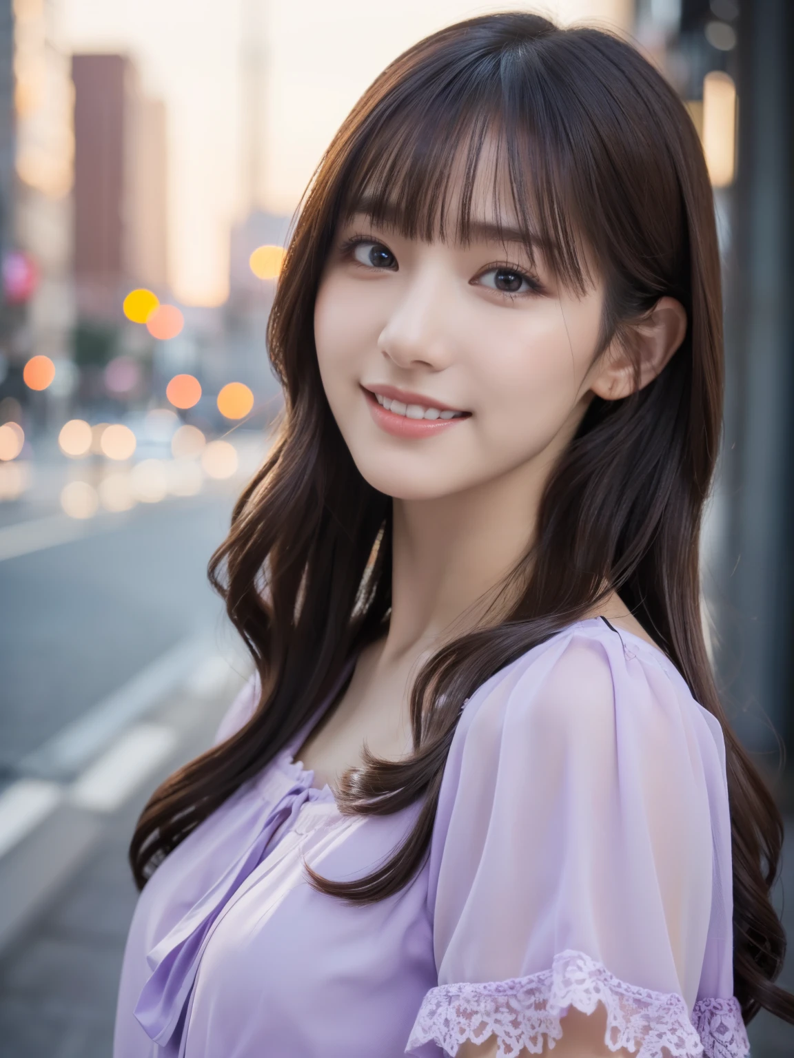 1 girl,(Wearing a light purple short-sleeved blouse:1.2),(RAW Photos, highest quality), (Realistic, Photorealistic:1.4), Tabletop, Very delicate and beautiful, Very detailed, 2k wallpaper, wonderful, In detail, Very detailedなCGユニティ8K壁紙, Very detailed, High resolution, Soft Light, Beautiful detailed girl, Very detailed目と顔, Beautiful and detailed nose, Fine and beautiful eyes,Cinema Lighting,Afternoon cityscape, Perfect Anatomy, Slender body, smile, Wavy long hair, (Random Body Orientation), Face looking at camera,