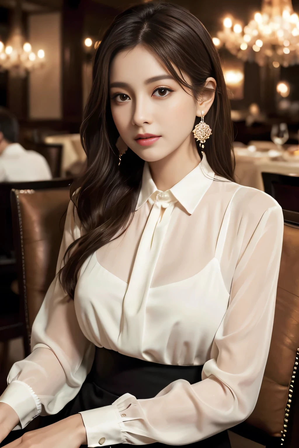 masterpiece, highest quality, Realistic, Very detailed, Finer details, High resolution, 8k wallpaper, One beautiful woman, Wear an elegant see-through blouse, In a great restaurant, At night, Light brown messy hair, Perfect dynamic composition, Beautiful and beautiful eyes、Big earrings、Sitting in a chair、