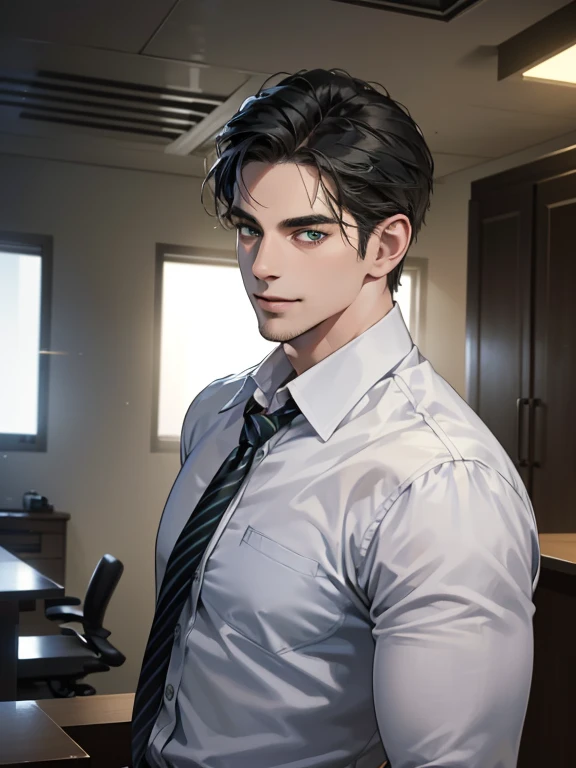(best quality, masterpiece, 8K, photorealistic, cinematic lighting, hdr image, ultra detailed, beautiful image), 1 man, 36 years old, mature man, very handsome, (without expression, smile), short black hair, green eyes ( penetrating gaze), imposing posture, businessman, office background