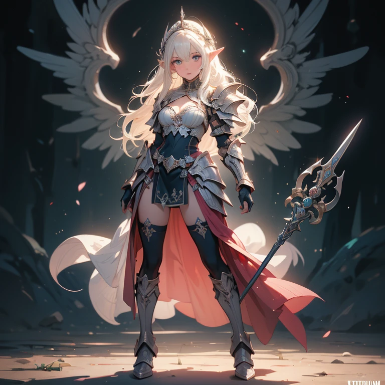 (((masterpiece, best quality, high detailed, 4k))) Design a layout showcase Gaming character, (1girl). Purple|Black clothes, stylish and unique. ((showcase weapon:1.4)), holy majestic spear. (masterpiece:1.2), (best quality), ultra-detailed. (Step by step design, layout art:1.5), (luminous lighting, atmospheric lighting). arcane elf, ((glove full hands)), (((revealing clothes:1.3))), vambraces, armored legwear, (((full_body_shot:1.4))). {In a mystical library}. (zentangle, mandala, tangle, entangle), (fractal art:1.3), maxiskirt, dress conservatively, (elf:1.2), solo, full body, wide shot, standing with white boots, holding spear down, blunt bangs, hair between eyes, white hair, golden eyes, long hair, elf ears, Valkyrie white armor, angel, chest protector, side bang, from front, extra size body, night, mountain, looking at viewer, dynamic pose, art style by Artgerm, by Kawacy, by Wadim Kashin, BREAK, eyelashes, eyeshadow, pink eyeshadow.