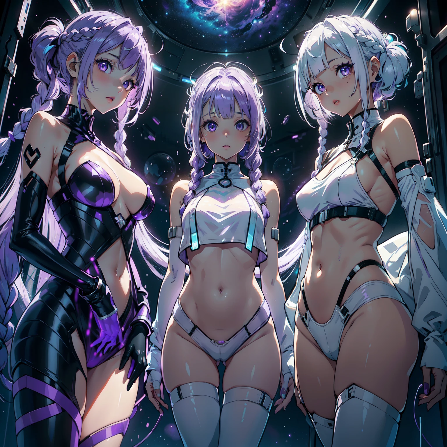 (Purple-white gradient twin long braided hair girl and white bob cut woman:1.4)、(A girl is inside a transparent artificial womb、Natural standing posture)、(Numerous digital wires connect the girl from the uterus、Glowing Wiring、Wiring is as follows:々It emits a variety of colors.)、Huge monitor screen、highest quality、8k、 High resolutionアート、High resolution、Very detailed、Cyber Space、meteor、milky way、nebula、chiffon、Backlight、amazing splash、 Sparkling、Dazzling Light、