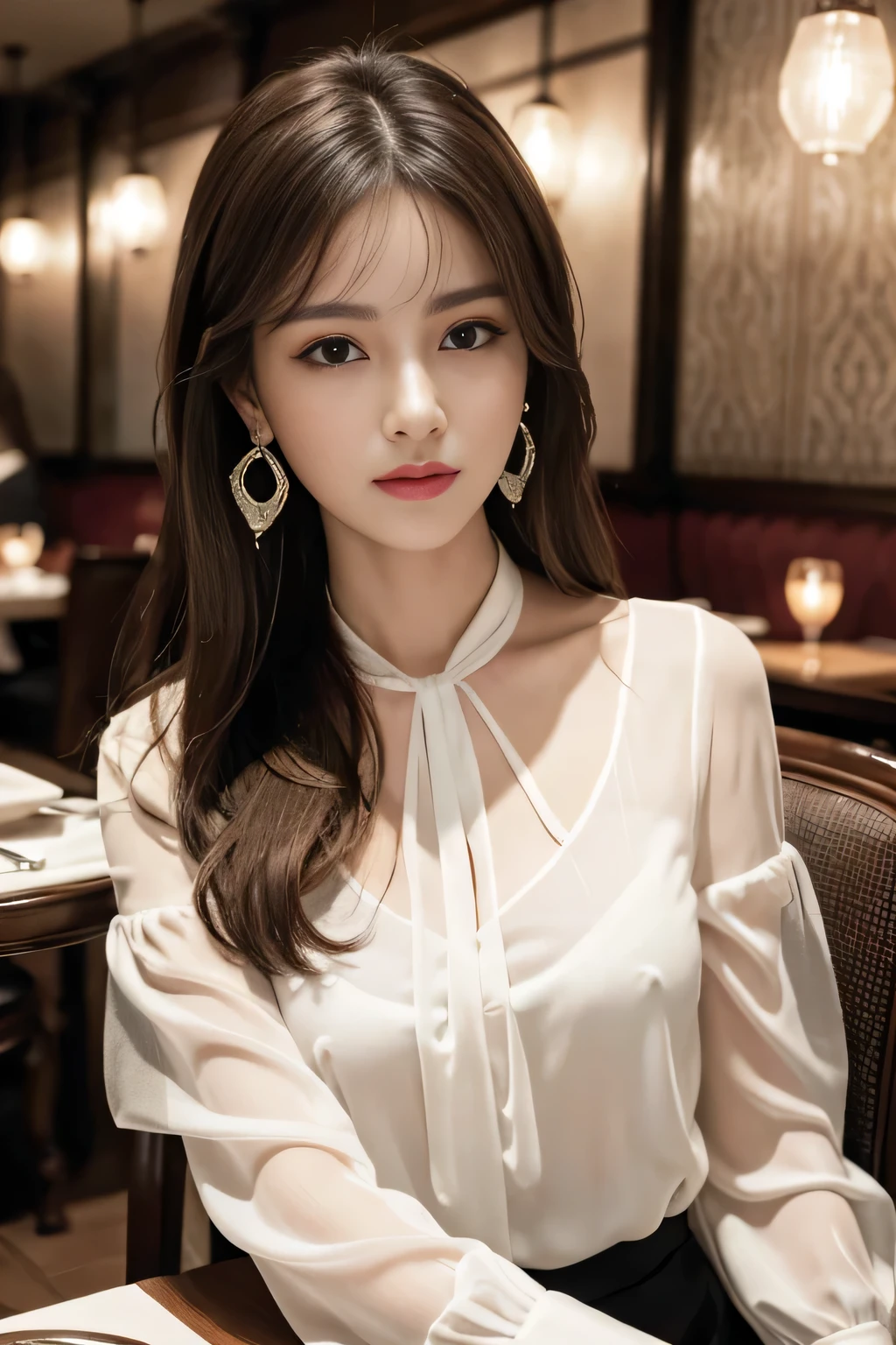 masterpiece, highest quality, Realistic, Very detailed, Finer details, High resolution, 8k wallpaper, One beautiful woman, Wear an elegant see-through blouse, In a great restaurant, At night, Light brown messy hair, Perfect dynamic composition, Beautiful and beautiful eyes、Big earrings、Sitting in a chair、