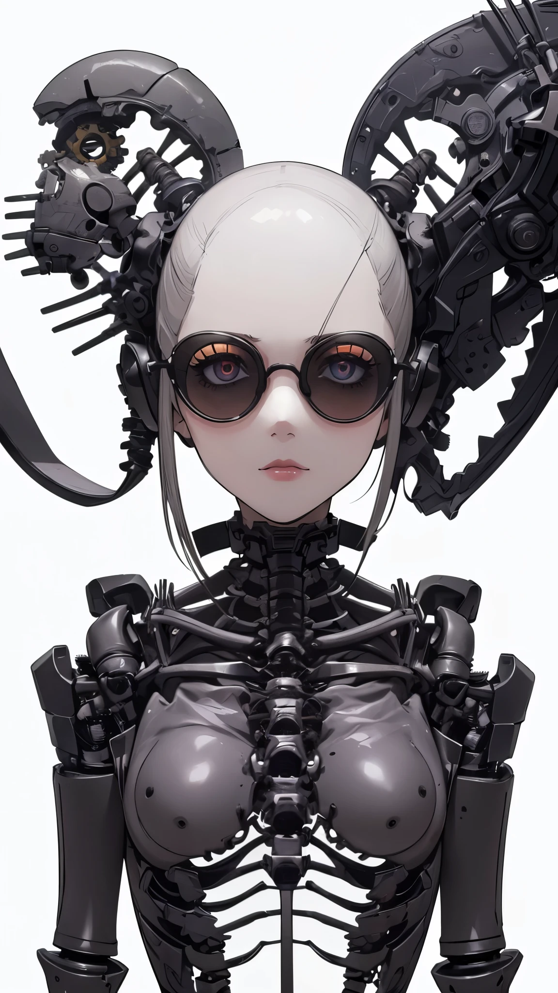 ((8K resolution))、((highest quality))、((masterpiece))、((Very detailed))((((dramatic))), (Anatomically correct)、The depth of the object to write、Looking at the camera、front、(Mechanical bones格、Mechanical bones、Mechanical Cervical Vertebra、Long and thin、Round sunglasses、lipstick、Bloody)、revolver、spooky、an ominous、((theme、whole body:1.1)), SF、Biomechanics、White background