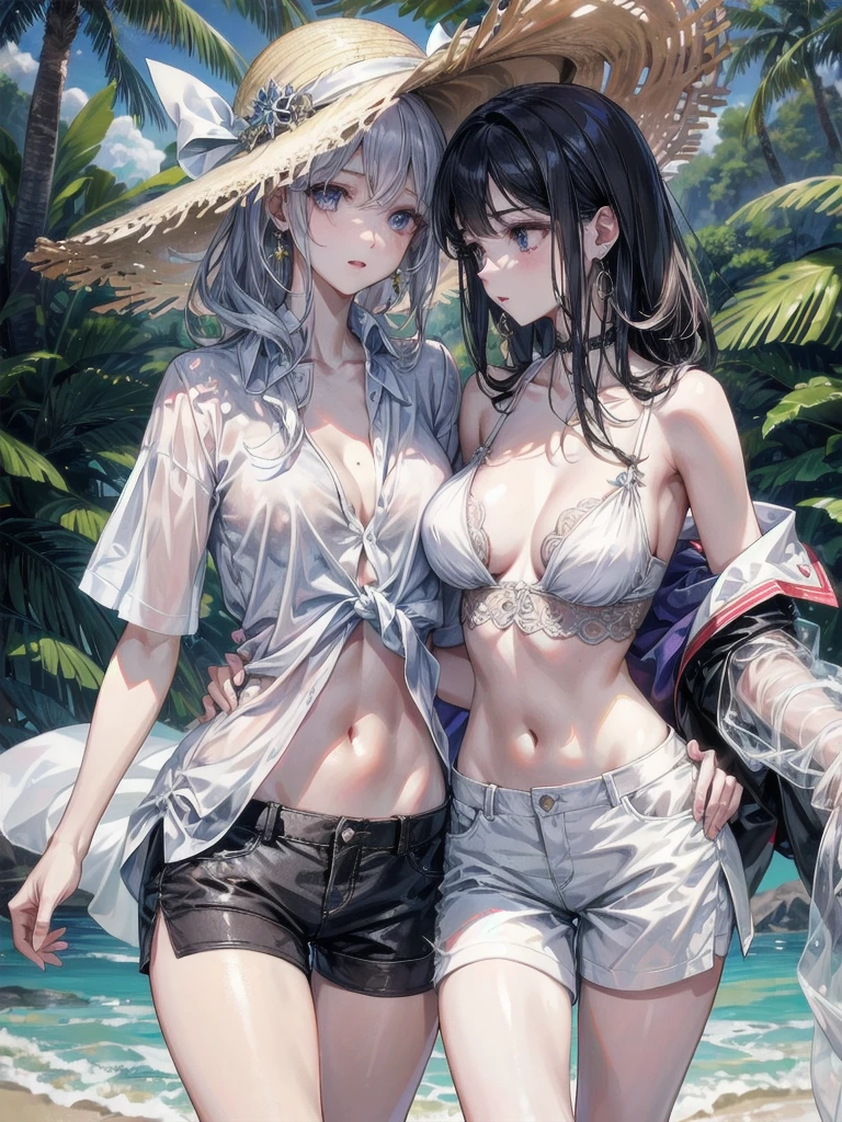 absurdres, RAW photo, extremely delicate and beautiful, masterpiece, Best Quality, ultra high resolution, 32k, hyperrealistic, ultra-detailed, detailed description, perfect anatomy, pale skin, 20 years old, detailed beautiful face and eyes, tearful mole, earring, short medium hair, wavy hair, whole body shot, colossal tits, ((yuri)), (((2 girls))), casual, blouse, white shirt, buttoned shirt, bare shoulders, collarbone, midriff, navel, shorts, straw hat, outdoors,