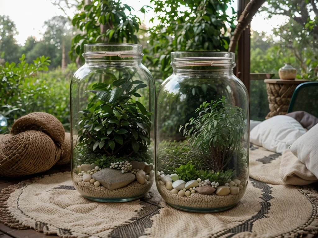 View from inside a glass jar showing a backyard with lots of vegetation in the background.