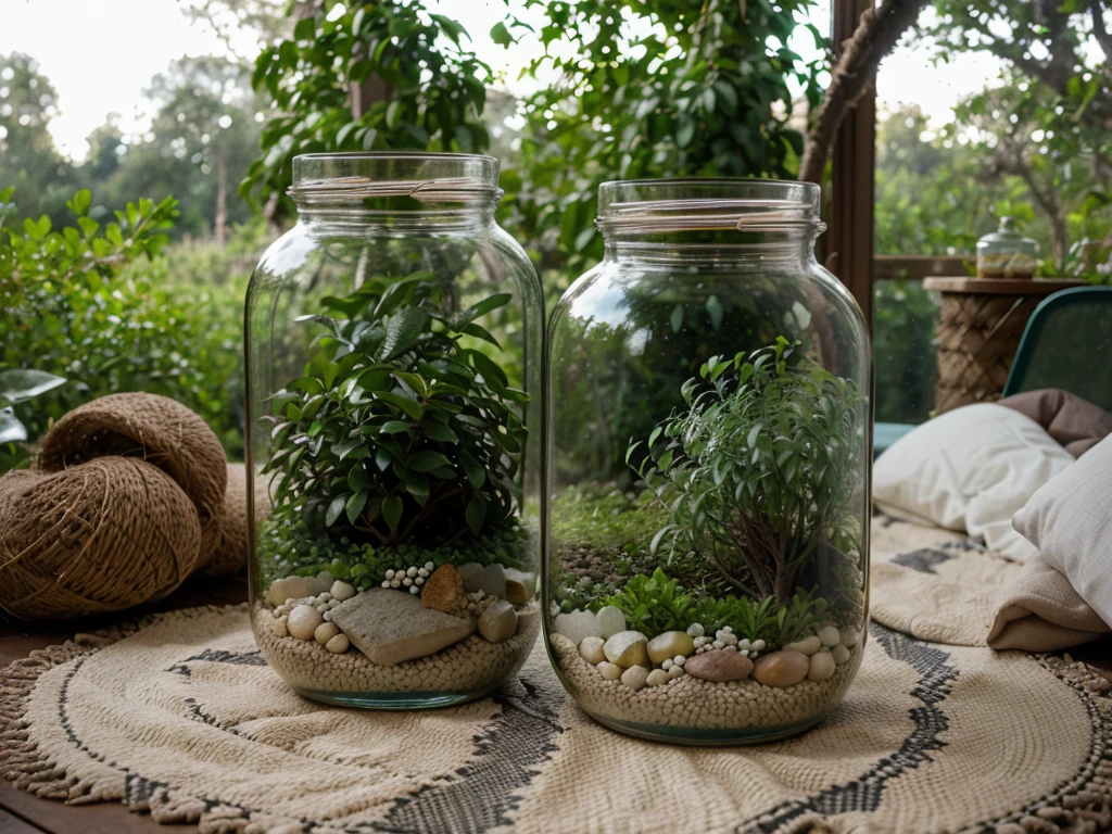 View from inside a glass jar showing a backyard with lots of vegetation in the background.