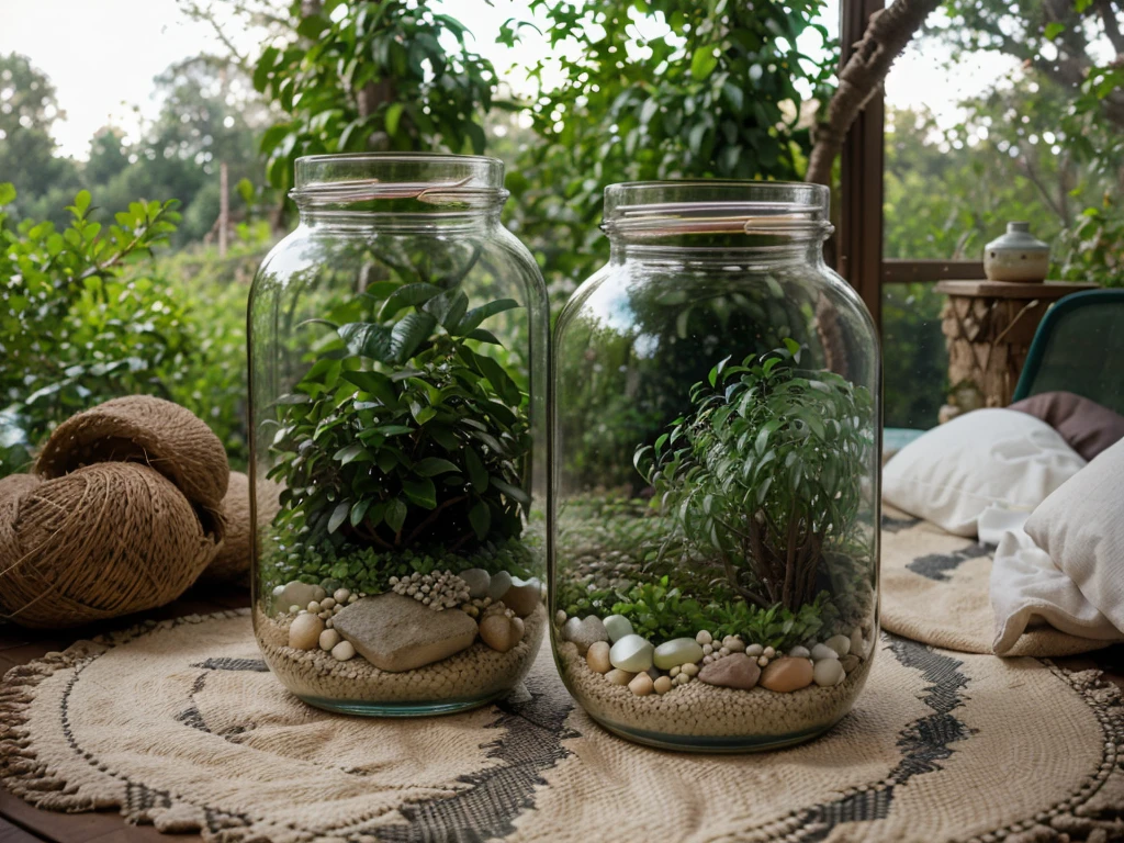 View from inside a glass jar showing a backyard with lots of vegetation in the background.