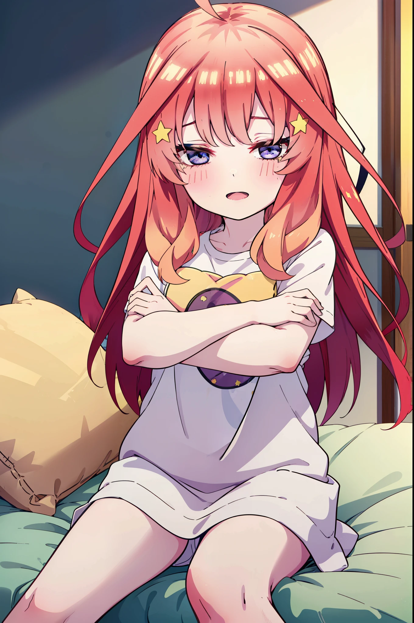itsukinakano, Itsuki Nakano, bangs, blue eyes, Hair between the eyes, Ahoge, Redhead, star \(symbol\), hair ornaments, star hair ornaments,smile,Open your mouth,
Looks sleepy,Oversized T-shirt,Black string underwear,barefoot,With a big pillow in both arms,Put your face on the pillow,Sitting on the bed,morning,morning陽,The sun is rising　　　　　　　　　　　　　　　　　　 　　　break indoors, Bedroom, 　　　　　　　　　　　　　　　break looking at viewer, (Cowboy Shot:1. 5)　　　　　　　　　　　　　　　　　　　　　break (masterpiece:1.2), highest quality, High resolution, unity 8k wallpaper, (shape:0.8), (Beautiful details:1.6), Highly detailed face, Perfect lighting, Highly detailed CG, (Perfect hands, Perfect Anatomy),