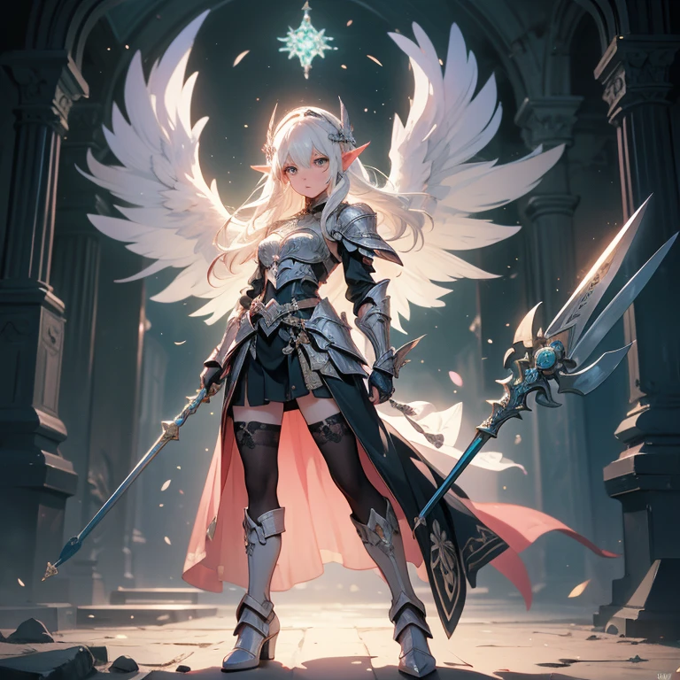 (((masterpiece, best quality, high detailed, 4k))) Design a layout showcase Gaming character, (1girl). Purple|Black clothes, stylish and unique. ((showcase weapon:1.4)), holy majestic spear. (luminous lighting, atmospheric lighting). arcane elf, ((glove full hands)), revealing clothes, vambraces, armored legwear, full body shot. {In a mystical library}. (zentangle, mandala, fractal art:1.3), maxiskirt, dress conservatively, (elf:1.2), solo, full body, wide shot, standing with white boots, holding spear down, blunt bangs, hair between eyes, white hair, golden eyes, long hair, elf ears, Valkyrie white armor, angel, chest protector, side bang, looking at viewer, dynamic pose, art style by Artgerm, by Kawacy, by Wadim Kashin, BREAK, eyelashes, eyeshadow, pink eyeshadow.
