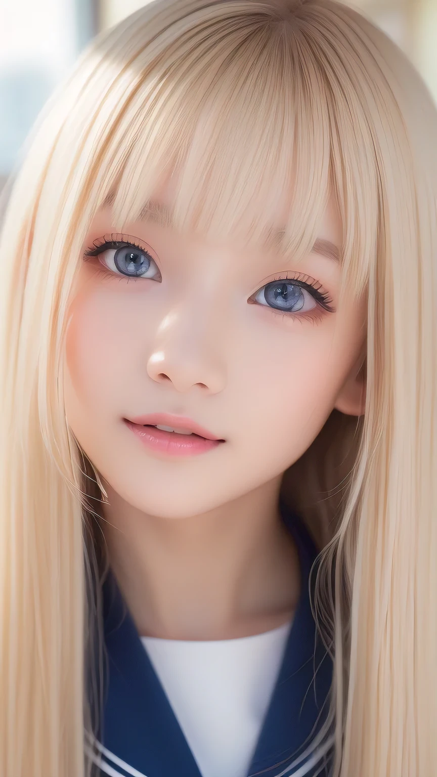 RAW Photos、((((Extremely beautiful portrait)))、(((Bright and fair skin))、1 girl、、Sailor suit、A 15-year-old pretty, bright, natural platinum blonde beauty.、((Gorgeous, natural, bright white platinum blonde))、Super long straight hair、Beautiful Bangs、[Attractive large bright blue eyes]、Smooth, thin and super long hair、Eyeliner、Hair between the eyes、smile、((masterpiece、最high quality、Ultra Detail、Film Light、Intricate details、High resolution、8k、Very detailed))、Detailed Background、8k UHD、Digital SLR、Soft Light、high quality、Film Grain、Fujifilm XT3、Shallow depth of field、Natural light、(Perfect hands)、Perfect beautiful face、Small Face Beauty、round face、Cheek gloss highlighter