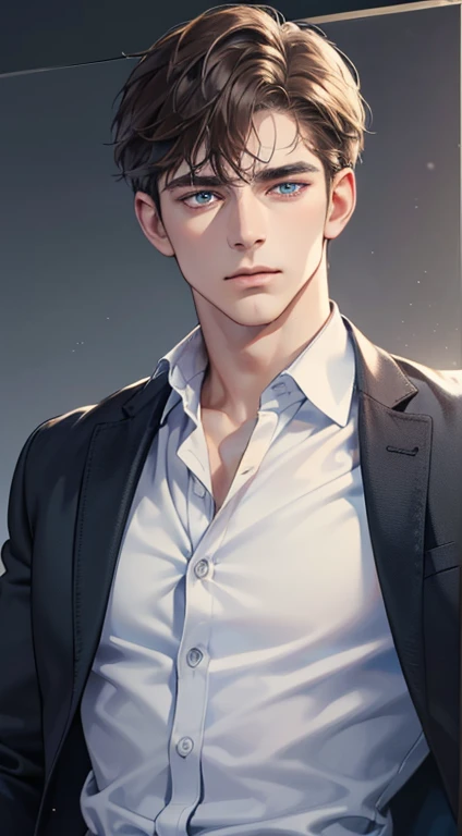 (best quality, masterpiece, 8K, photorealistic, cinematic lighting, 1:4 hdr image, ultra detailed, beautiful image), a mature man, 35 years, very handsome, ((cold expression)), short Brown hair, blue eyes, face perfect without mistakes, ((buttoning his jacket, CEO))