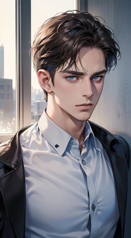 (best quality, masterpiece, 8K, photorealistic, cinematic lighting, 1:4 hdr image, ultra detailed, beautiful image), a mature man, 35 years, very handsome, ((cold expression)), short Brown hair, blue eyes, face perfect without mistakes, ((buttoning his jacket, CEO))