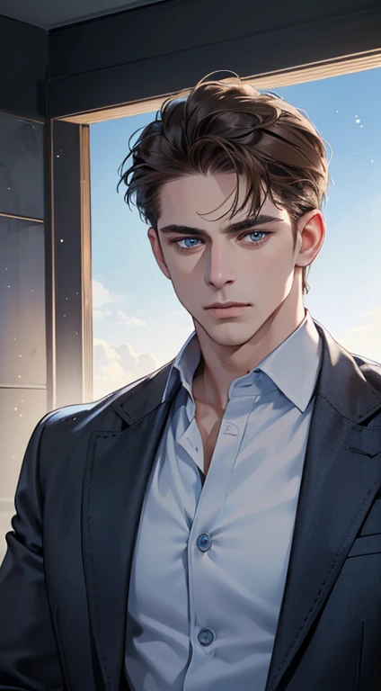 (best quality, masterpiece, 8K, photorealistic, cinematic lighting, 1:4 hdr image, ultra detailed, beautiful image), a mature man, 35 years, very handsome, ((cold expression)), short Brown hair, blue eyes, face perfect without mistakes, ((buttoning his jacket, CEO))