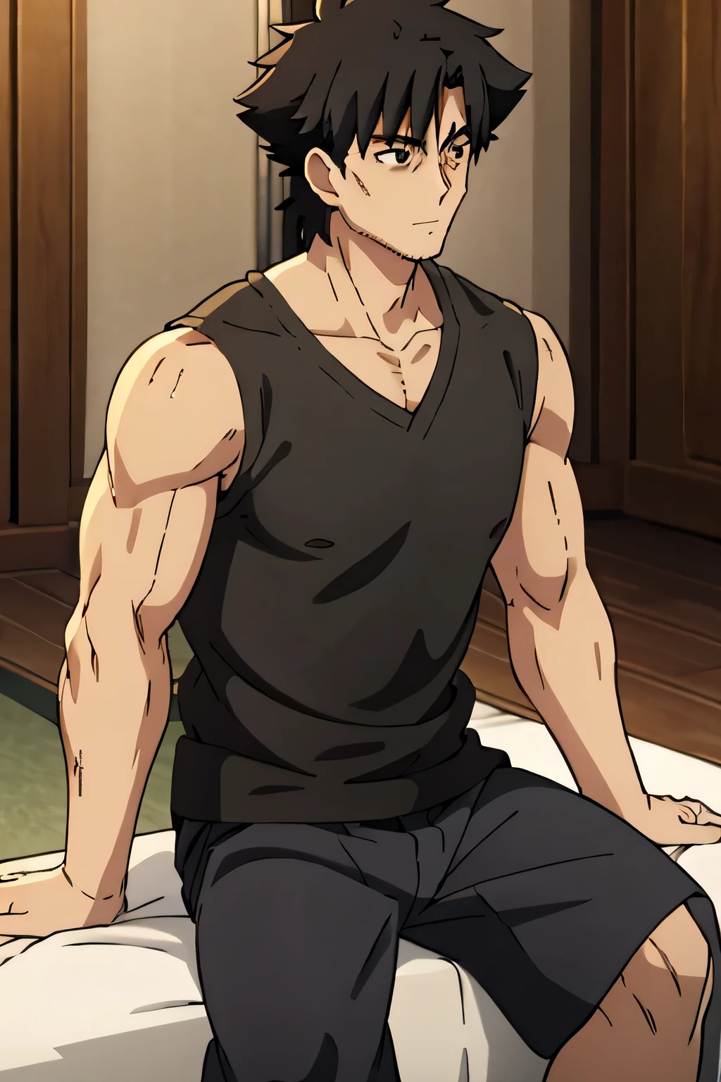 Kiritsugu is sitting and flexing his biceps and abs. He wears black short boxershorts. You can see his thighs. He looks annoyed. He has bulging veins on his arms. He wears a black tshirt with short sleeves. His right sleeve is completely rolled up so you can see his entire arm and shoulder. He is showing his abs too.
