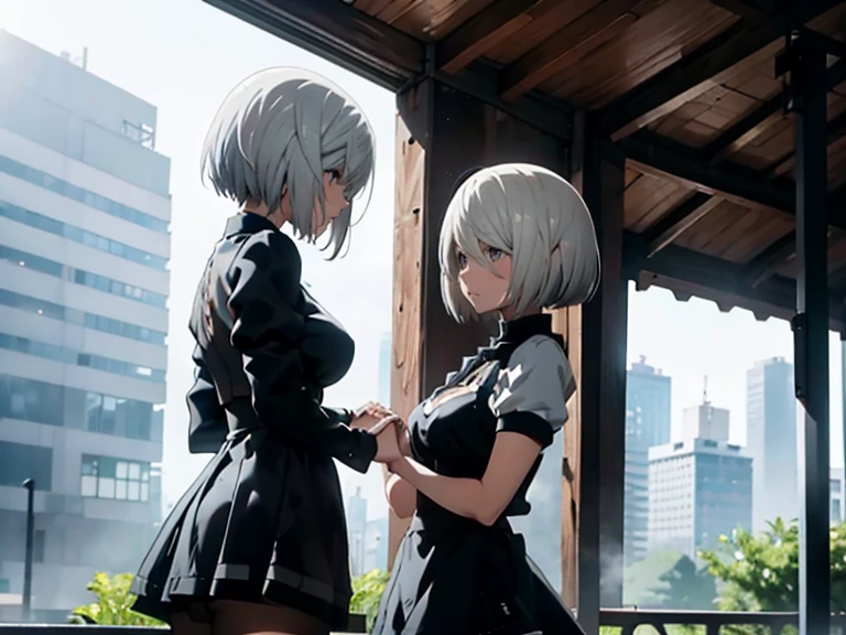 Yorha 2B,
Real Doll,Figure-like skin,White skin,
White uniform,Black mini skirt,Black apron,
Bob cut hair,Silver Hair,White eyes,
tall,Small breasts,Lower milk exposed,Looking down,Upright posture,from the front,

One Woman,Zoom in on face,The light shines through,Urban area,Bus Stop,Holding hands,
Beautiful image quality,Delicate shades,4K,