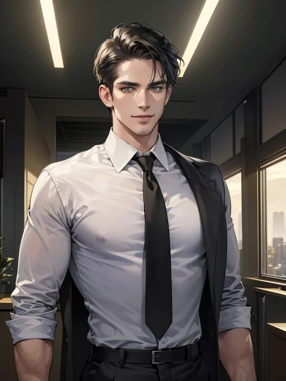 (best quality, masterpiece, 8K, photorealistic, cinematic lighting, hdr image, ultra detailed, beautiful image), 1 man, 36 years old, mature man, very handsome, (without expression, smile), short black hair, green eyes ( penetrating gaze), imposing posture, businessman, office background
