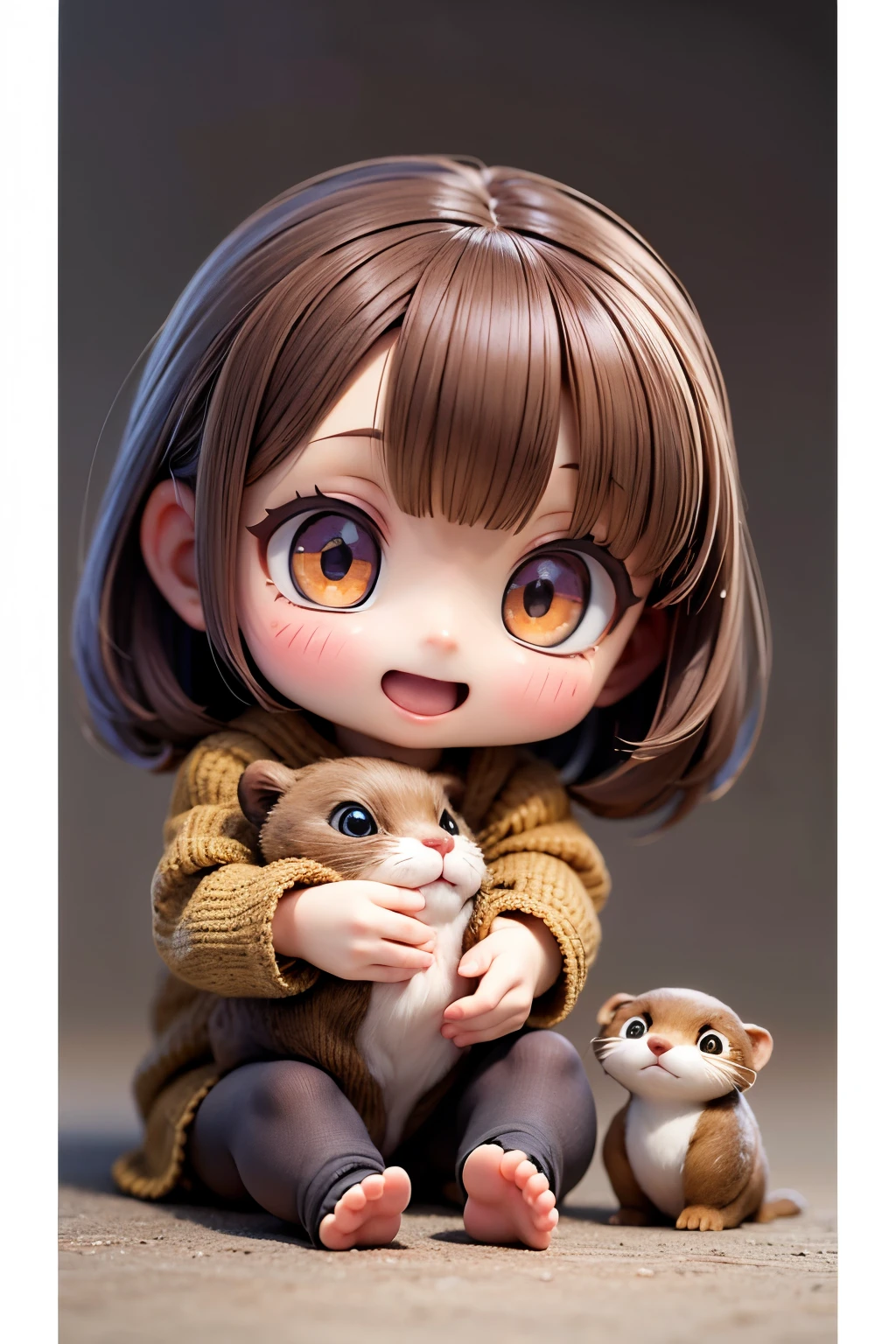 Photorealistic、Chibi Girl Doll（Playing with an otter、Laughter）