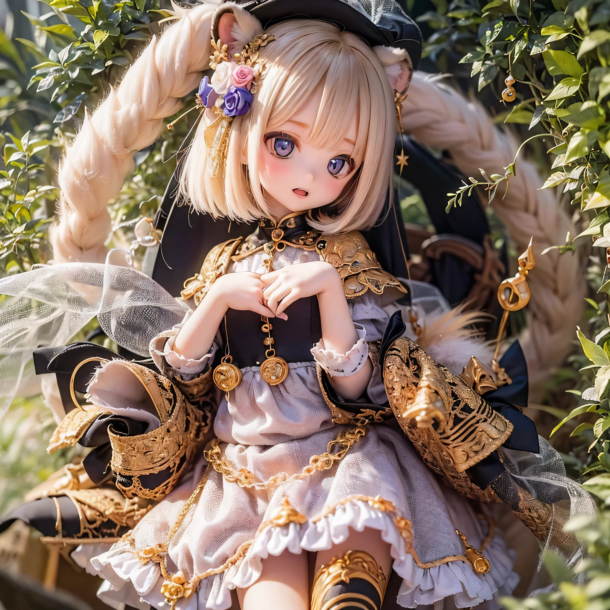 (highest quality,4K,8k,High resolution,masterpiece:1.2),Super detailed,Realistic,White Tiger Girls Chibi,Beautiful fine details,Long eyelashes,Detailed lips,A girl in colorful and cute clothes,Tall trees with bright flowers々Play in a magical garden filled with,Soft and warm sunlight on the tree々Plug in from between,Creates a magical and dreamy atmosphere,Sparkling fairy dust floating in the air,Bring a sense of fascination and wonder to your scenes,The skin has a delicate and intricate tiger pattern.,Glows softly, Mysterious Light,The innocent and happy expressions of the girls, 
Emphasize a pure and playful personality,Small and adorable chibi characters, 
Increase the cuteness, A harmonious blend of reality and fantasy, 
Evokes childlike joy and imagination, vibrant and lively color palette, 
Shades of pink, purple, Blue and,Painting-like texture, Add depth and richness to your artwork, Capture the magical essence of the scene.