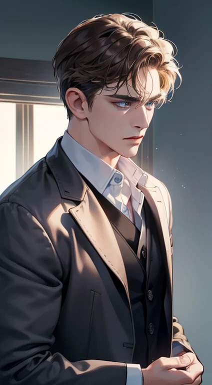 (best quality, masterpiece, 8K, photorealistic, cinematic lighting, 1:4 hdr image, ultra detailed, beautiful image), a mature man, 35 years, very handsome, ((cold expression)), short Brown hair, blue eyes, face perfect without mistakes, ((buttoning his jacket, CEO))