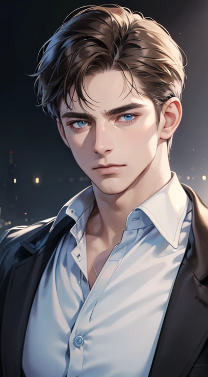 (best quality, masterpiece, 8K, photorealistic, cinematic lighting, 1:4 hdr image, ultra detailed, beautiful image), a mature man, 35 years, very handsome, ((cold expression)), short Brown hair, blue eyes, face perfect without mistakes, ((buttoning his jacket, CEO))