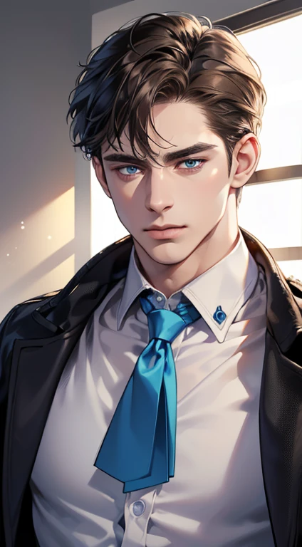 (best quality, masterpiece, 8K, photorealistic, cinematic lighting, 1:4 hdr image, ultra detailed, beautiful image), a mature man, 35 years, very handsome, ((cold expression)), short Brown hair, blue eyes, face perfect without mistakes, ((buttoning his jacket, CEO))