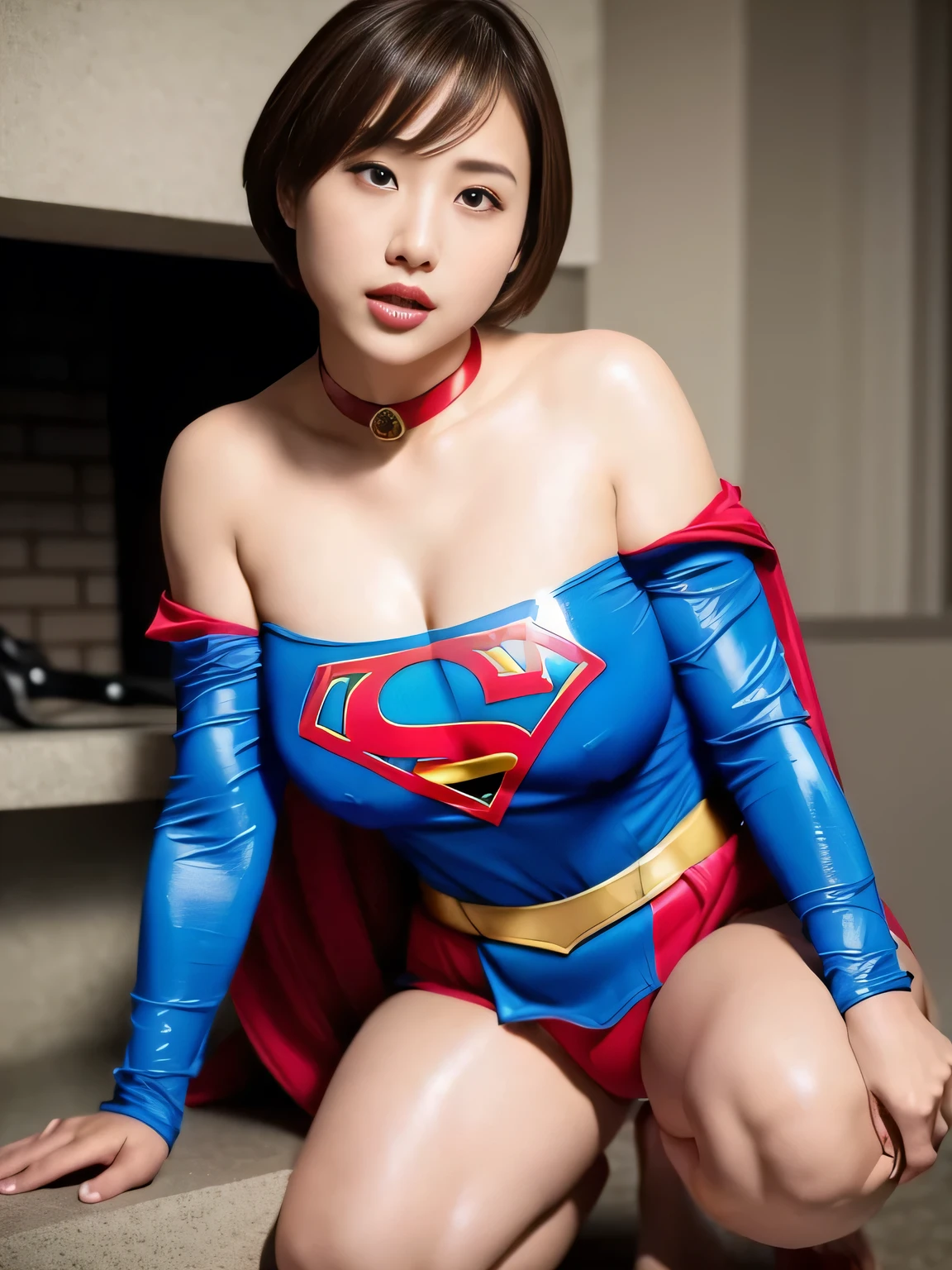 masterpiece、Supergirl Costume、short hair、barefoot、Big and ample breasts、Crisis situation、Complete surrender、、Medical Prison、operating room、Abused、Humiliating torture、Squatting Pose、shiny sweaty skin、looking at the camera、choker、Long sleeve、Sexy poses to seduce、Off the shoulder、latex、from right in front、Leg spread、
