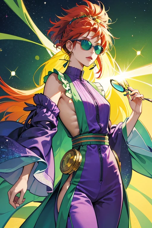 she has a green body and yellow afro decorated with blue and red hair clips. she wear round sunglasses and a purple jumpsuit with tassels hanging off the sleeves. . SPARKLE; GLITTER