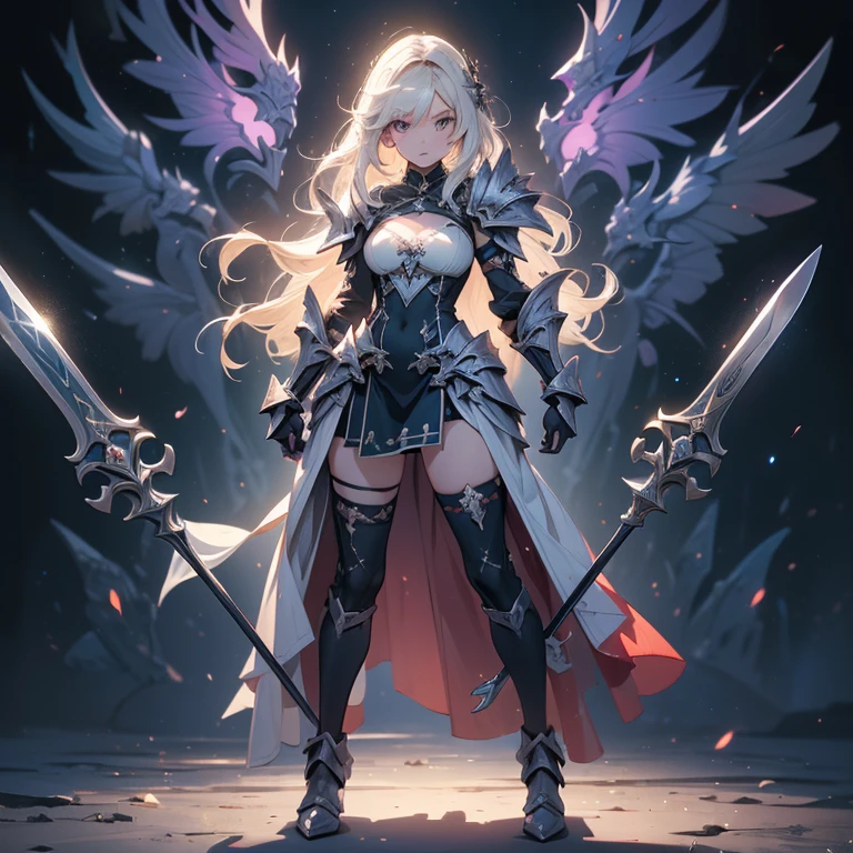 Design a layout showcase Gaming character, (1girl). 
Golden+Purple clothes, stylish and unique. 
((showcase weapon:1.4)), magic staff. 
(masterpiece:1.2), (best quality), 4k, ultra-detailed. 
(Step by step design, layout art:1.5), (luminous lighting, atmospheric lighting). 
magican, ((glove full hands)), (((revealing clothes:1.3))), vambraces, armored legwear, (((full_body_shot:1.4))). 
[Happy:0.5], [Determined:0.5], right-facing.
