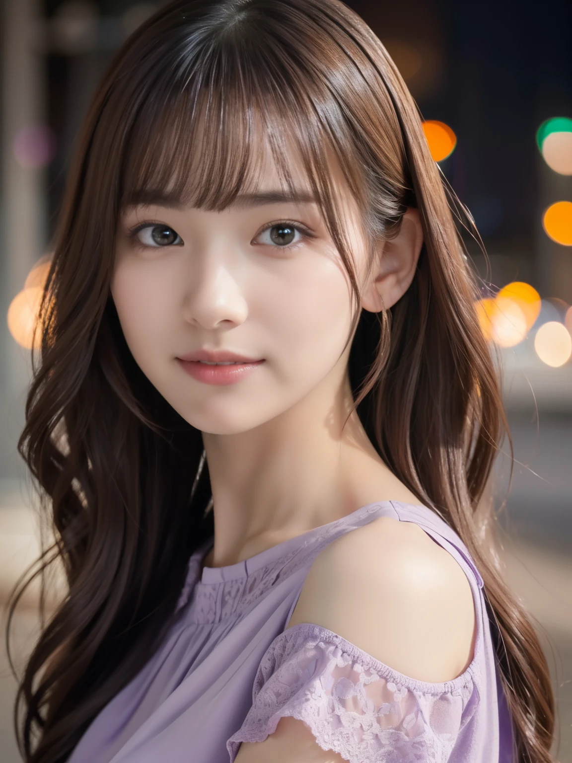 1 girl,(Wearing a light purple short-sleeved blouse:1.2),(RAW Photos, highest quality), (Realistic, Photorealistic:1.4), Tabletop, Very delicate and beautiful, Very detailed, 2k wallpaper, wonderful, In detail, Very detailedなCGユニティ8K壁紙, Very detailed, High resolution, Soft Light, Beautiful detailed girl, Very detailed目と顔, Beautiful and detailed nose, Fine and beautiful eyes,Cinema Lighting,Afternoon cityscape, Perfect Anatomy, Slender body, smile, Wavy long hair, (Random Body Orientation), Face looking at camera,