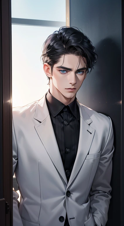 (best quality, masterpiece, 8K, photorealistic, cinematic lighting, 1:4 hdr image, ultra detailed, beautiful image), a mature man,34 years, very handsome, ((cold expression)), short black hair, blue eyes, face perfect without mistakes, ((buttoning his jacket, CEO))