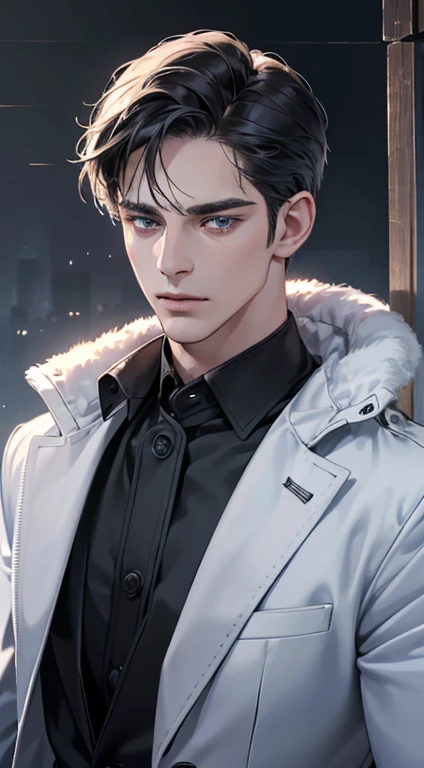 (best quality, masterpiece, 8K, photorealistic, cinematic lighting, 1:4 hdr image, ultra detailed, beautiful image), a mature man,34 years, very handsome, ((cold expression)), short black hair, blue eyes, face perfect without mistakes, ((buttoning his jacket, CEO))