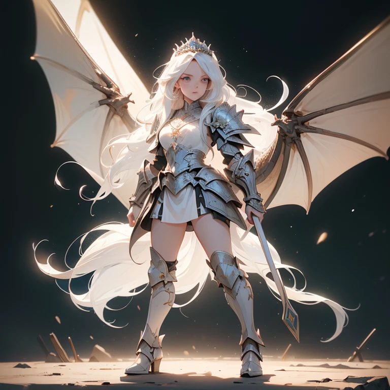 (((masterpiece, best quality, 8k)))Design a layout showcase Fantasy character, (1girl), ((mounted on a dragon)). Beautiful armor, wielding a spear, long white hair, wearing a tiara. ((detailed dragon:1.4)), white dragon, full of intricate details. (masterpiece:1.3), (best quality), 4k, ultra-detailed. (Dynamic pose, heroic stance:1.5), (dramatic lighting, atmospheric lighting). warrior, ((tiara:1.2)), (((long white hair:1.4))), spear, (((full_body_shot:1.5))). In a mystical landscape, high in the sky, with clouds and sunlight.