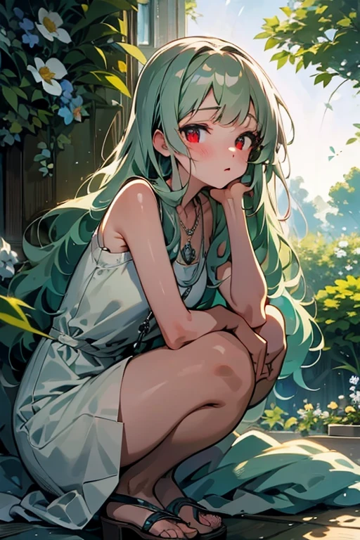masterpiece, key anime visual, hi-res, softlight, anime girl with red eyes and white skin, adolescent, light green hair, straight hair that falls to her knees, wearing a plain white sleeveless mini dress, wearing tan sandals, , in the style of redjuice999, in a garden, happy, looking up at camera, left side swept bangs, long wavy side fringe hair to her shoulders, silver heart locket necklace on thin silver chain, cute pose,