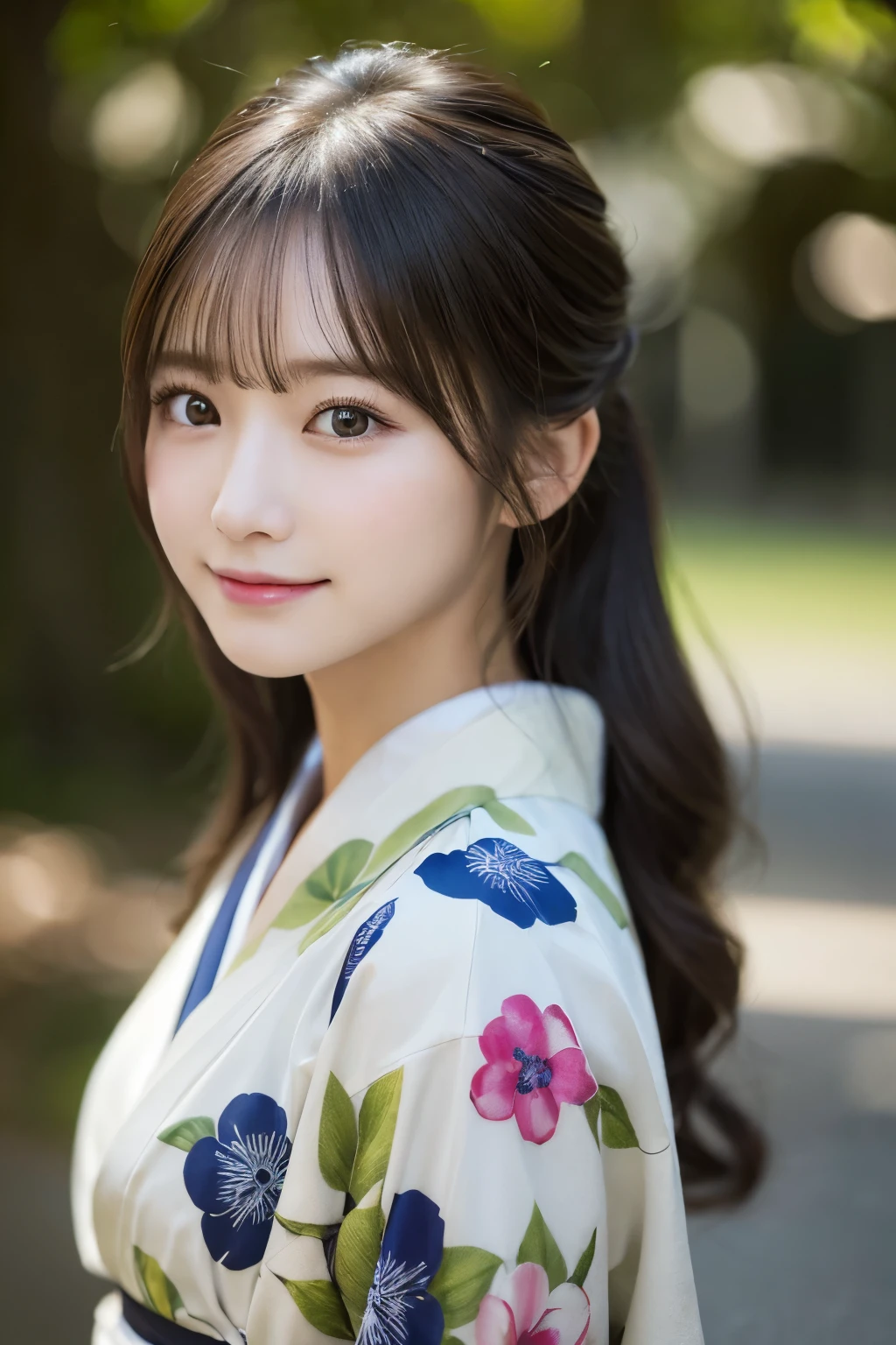（kimono）、(highest quality、8k、High resolution、masterpiece:1.2)、Very detailed、(Realistic、photoRealistic、photo-Realistic:1.3)、Bokeh、Portraiture、smile、(Beautiful and detailed eyes、Young face、Detailed face、No makeup)、A little backlight、Depth of written boundary、chromatic aberration、Use natural light and color、Wide range of lighting、Natural Shading、Caustics