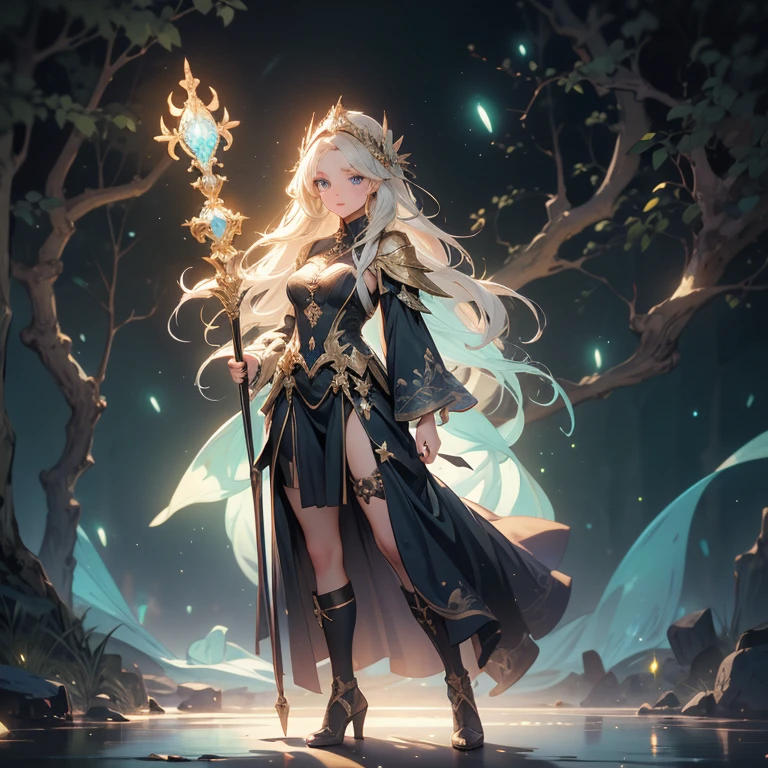 A stunning artwork of a majestic female character standing in an enchanting, mystical landscape. The full-body view showcases her in stylish and unique clothes of gold and purple, exuding an aura of elegance and power. Her long, flowing golden hair frames a face of regal beauty, highlighted by light blue eyes that radiate wisdom and an otherworldly charm. She holds a magic staff, intricately designed and glowing with mystical energy, adding to her majestic presence.

The scenery around her is a fantastical forest bathed in twilight, with towering ancient trees and luminescent flora. A serene river flows nearby, reflecting the soft glow of a setting sun. Fireflies and ethereal lights float in the air, enhancing the magical atmosphere of this tranquil setting.
