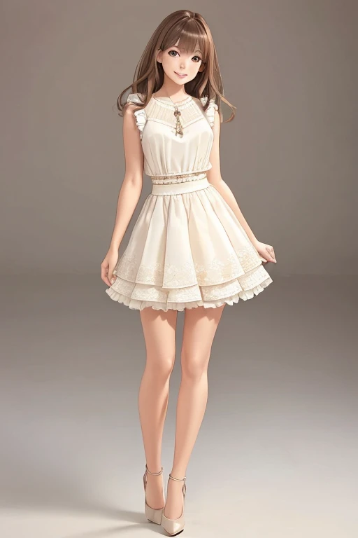 (full body:1.4). Gorgeous hapa woman, with light brown hair.(short),(pale:1.3), beautiful figure,(smile:1.1), Lace top, ruffle skirt, high heels, necklace.