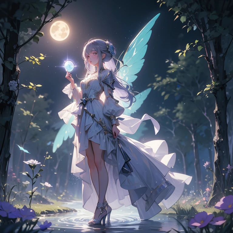 A charming artwork of a mystical and shimmering female character in a magical, moonlit landscape. The full-body view reveals her dressed in glistening purple and silver clothes that catch the light beautifully. Despite her short height, she captivates with her enchanting presence. Her medium-length purple hair and white eyes give her an ethereal, otherworldly charm. She holds an enchanted mirror, reflecting her timid and cute demeanor.

The background is an enchanted grove illuminated by soft moonlight, with sparkling dew drops on the grass and glowing flowers. Wisps of magical energy float in the air, and a gentle stream flows nearby, creating a serene and mystical atmosphere.

