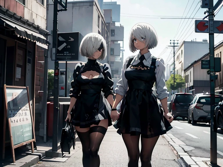 Yorha 2B,
Real Doll,Figure-like skin,White skin,
White shirt,Black mini skirt,Black apron,
Bob cut hair,Silver Hair,White eyes,
tall,Small breasts,Lower milk exposed,Looking down,Upright posture,from the front,

Zoom in on face,The light shines through,Urban area,Bus Stop,Holding hands,
Beautiful image quality,Delicate shades,4K,