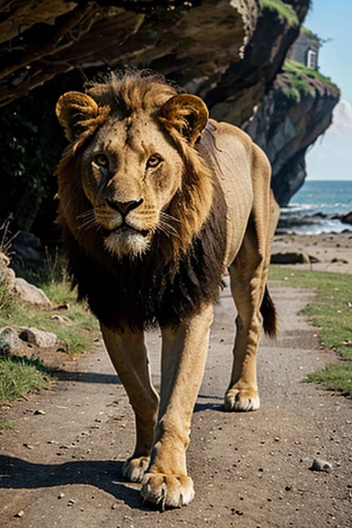 Bloody lion animal from head to toe walking towards the viewer walking inside a cliff