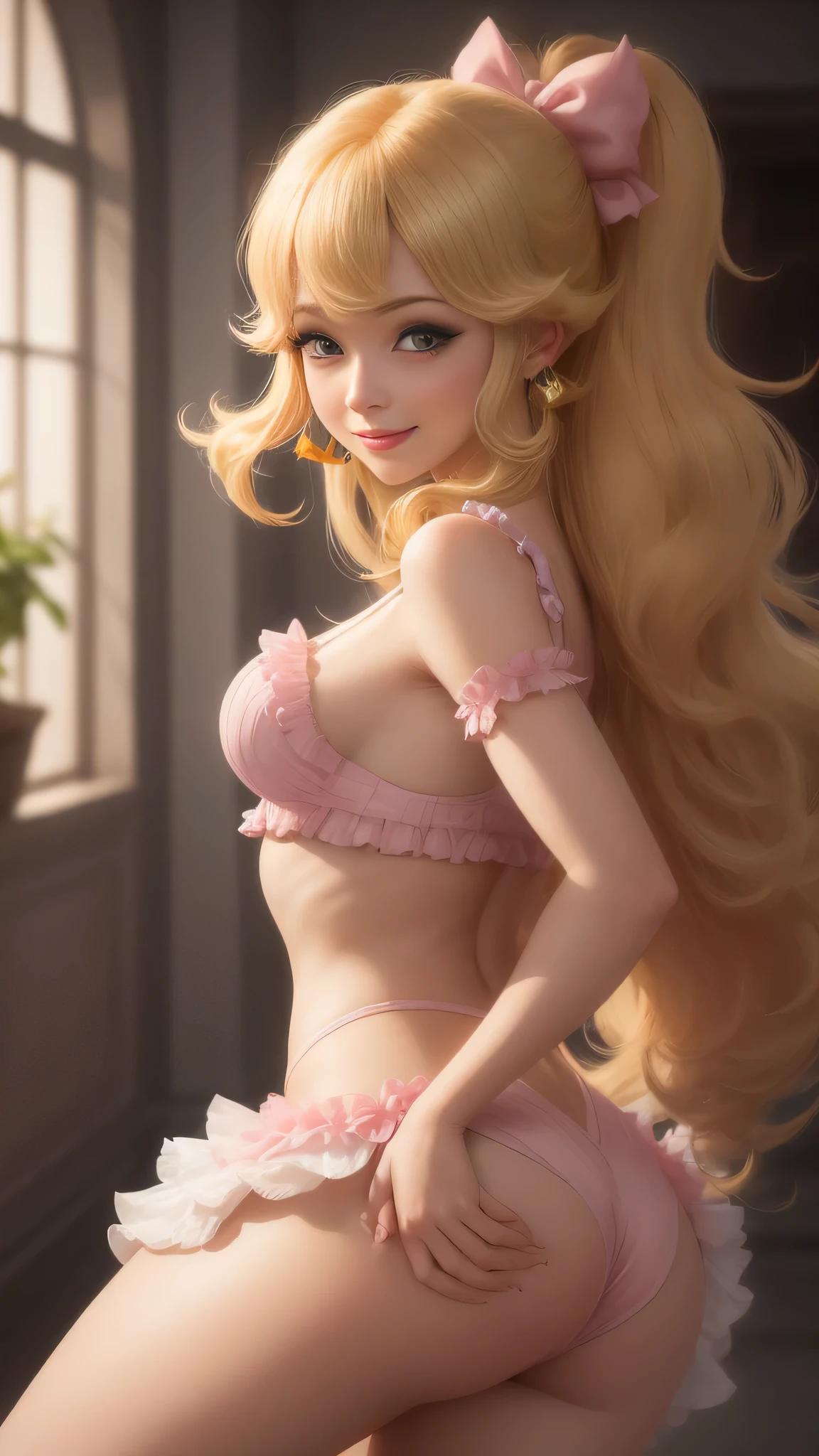 1 girl, Princess peach, blonde hair, soft, soft light, delicate, pink frills, (ass), frilly, bows in hair, smile 