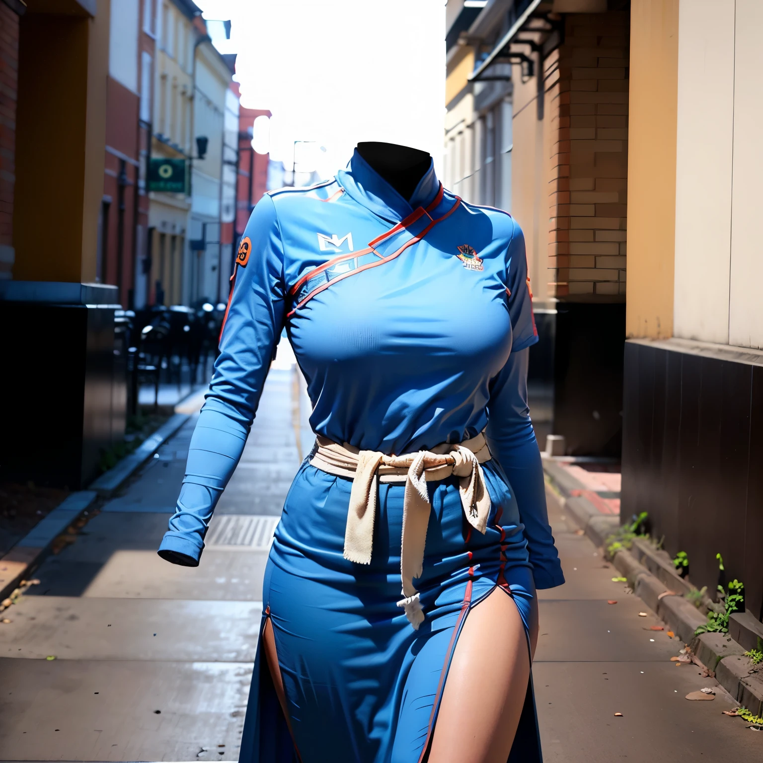 Lyn, blue dress, short sleeves, sash, side slit, fingerless glovesfat, cute big breasts, (invisible, no human, headless, handless:1.5), (8k, RAW photo, best quality, masterpiece:1.2), (realistic, photo-realistic:1.37), photon mapping, radiosity, ((Hasselblad photography)), physically-based rendering