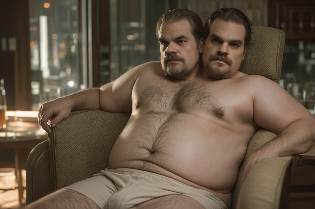 (((two headed))), 1man, ((((david harbour)))), middle aged, short graying hair, ((obese, overweight, fat, chubby, heavy, dadbod)), ((shirtless, boxers)), navel, body hair, dreamy atmosphere, dark cyan and red, i can't believe how beautiful this is, serene atmosphere, epic realistic, soft cinematic light, intricate, highly detailed, (depth of field:1.4), faded, neutral colors, (hdr:1.4), muted colors:1.2, hyperdetailed, cinematic, dramatic light, intricate details, dim room scenery, intricate details, skin texture, detailed expressions, natural pose, sitting in recliner