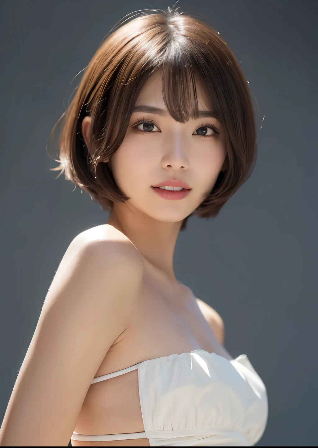 One Girl, makeup:1.3、Showing bare armpits:1.7、Small, flat chest:1.8、Eyeshadow 1.3、Blonde mesh bob cut:1.5、(Wear trendy fashion:1.2), (RAW Photos, highest quality), (Realistic, Realistic:1.4), Tabletop, Very delicate and beautiful, Very detailed, 2k wallpaper, wonderful, In detail, Very detailedな CG Unity 8K 壁紙, Very detailedな, High resolution, Soft Light, Beautiful detailed girl, Looking into the camera、Very detailedな目と顔, Beautiful and detailed nose, Beautiful details, short hair, small, Milky white sheer strapless dress:1.6、No underwear:1.7、Gray background、The background is gray、Cinema Lighting, Perfect Anatomy, Slender body, smile, 