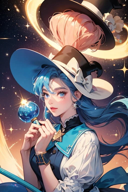 she has cream-colored skin, peach-colored lips, and a light blue star on his left cheek. sHe wears a dark blue shirt and a dark blue tophat that has a face on it. she carries a light tan cane. SPARKLE; GLITTER