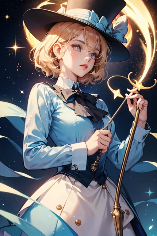 she has cream-colored skin, peach-colored lips, and a light blue star on his left cheek. sHe wears a dark blue shirt and a dark blue tophat that has a face on it. she carries a light tan cane. SPARKLE; GLITTER