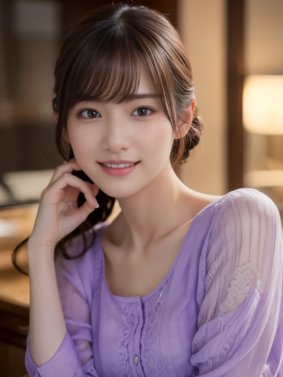 1 girl,(Wearing a lilac blouse:1.2),(RAW Photos, highest quality), (Realistic, Photorealistic:1.4), Tabletop, Very delicate and beautiful, Very detailed, 2k wallpaper, wonderful, In detail, Very detailedなCGユニティ8K壁紙, Very detailed, High resolution, Soft Light, Beautiful detailed girl, Very detailed目と顔, Beautiful and detailed nose, Fine and beautiful eyes,Cinema Lighting,Afternoon cityscape, Perfect Anatomy, Slender body, smile, (Random Body Orientation),