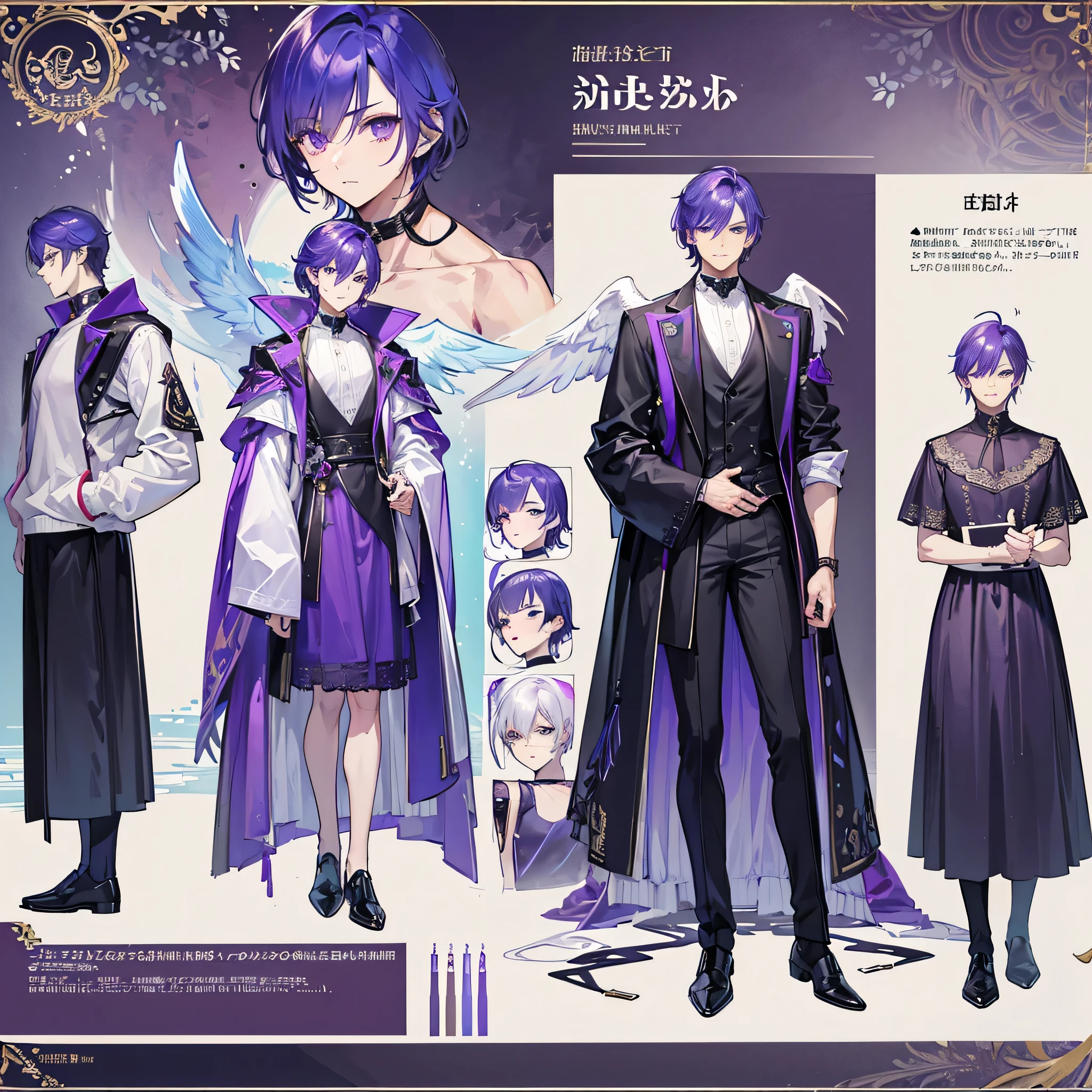 ((Masterpiece, Highest quality)), (Masterpiece, best quality), detailed, 1 Male, ((character concept art)), ((character design sheet, same character, front, side, back)),1 Male, 1 Man, Detailed face, character design sheet，full bodyesbian, Highly detailed, character sheet, character design, Many parts, dark skin, angel wings, short purple hair, angel outfit, masculine, muscle man, male muscle, manly men, manly man, male angel, manly angel, Muscle boy with purple short hair，handsome man, male angel , man tall, 